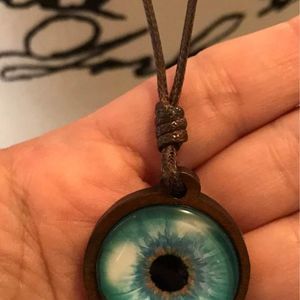 Blue Floral Eye Necklace With Wooden Pendant Handmade